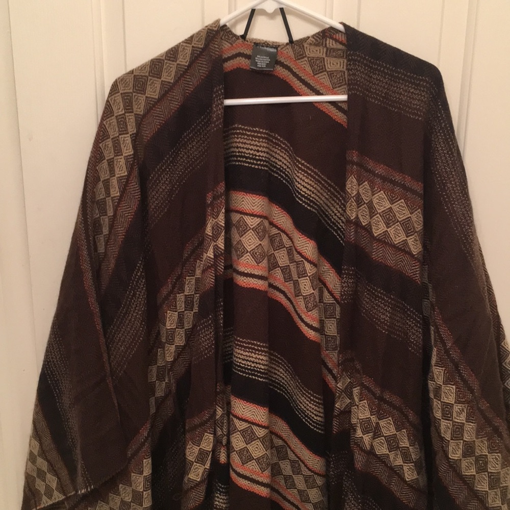 Brown Tribal Print Knit Poncho Kimono